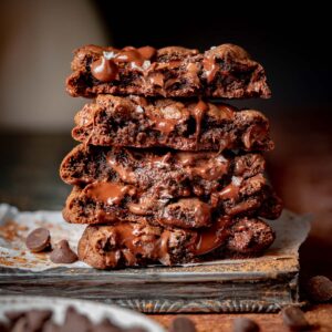 A stack of double chocolate chip espresso cookies on a cookie sheet