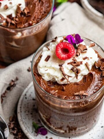 chocolate mascarpone mousse in a glass with whipped cream
