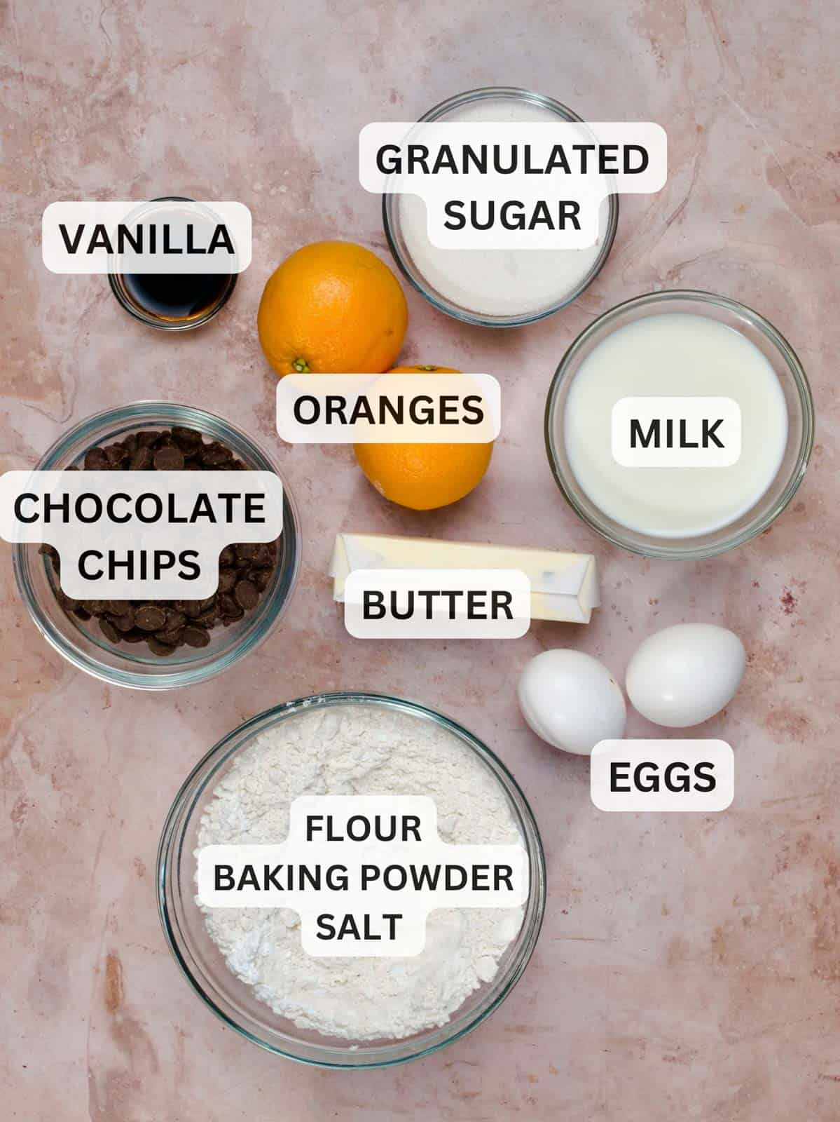 orange chocolate chip muffin ingredients, flour, sugar, oranges, baking powder, sugar, butter, salt, eggs