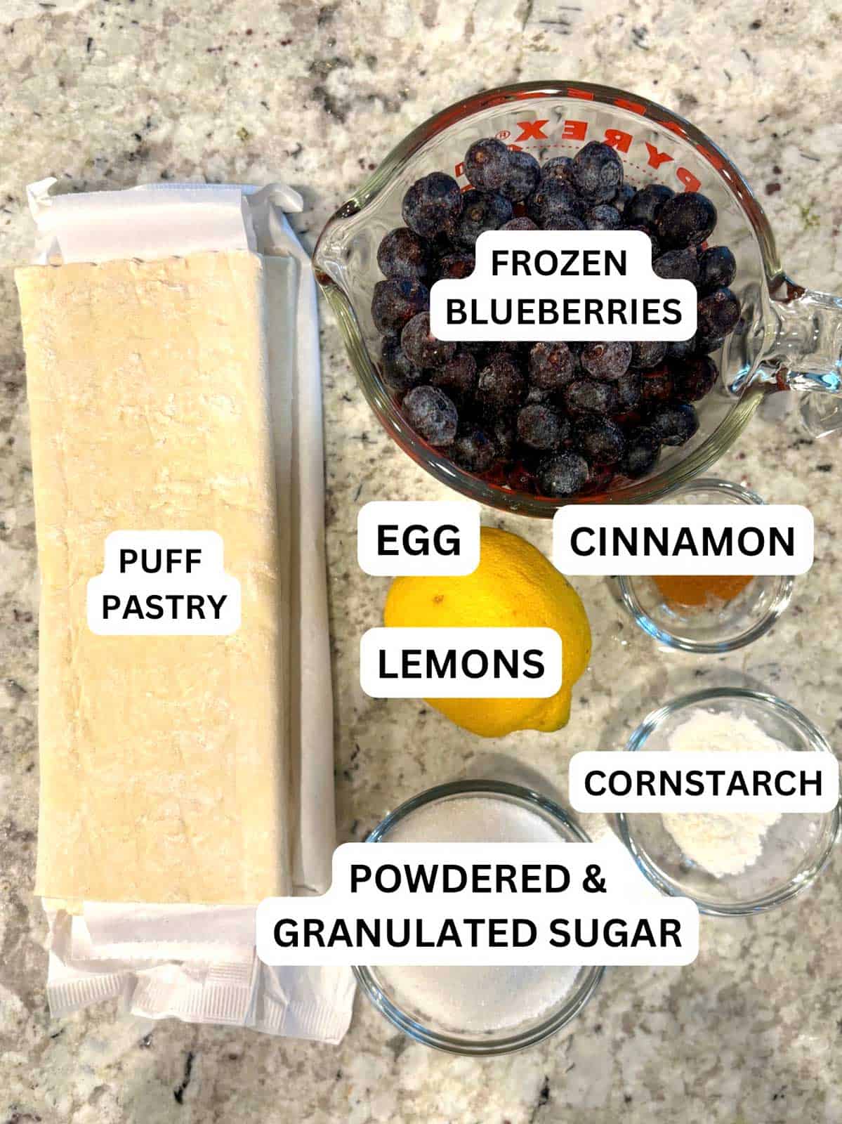 Ingredients for blueberry puff pastry pop tarts out on the counter.