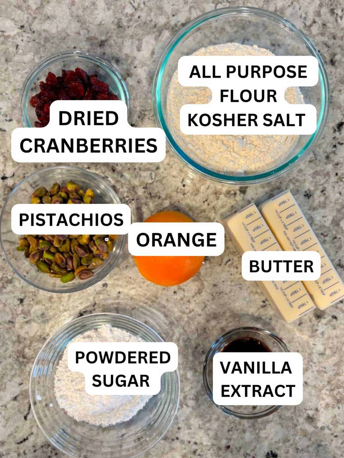Ingredients needed for the shortbread recipe on the counter ready to be used.