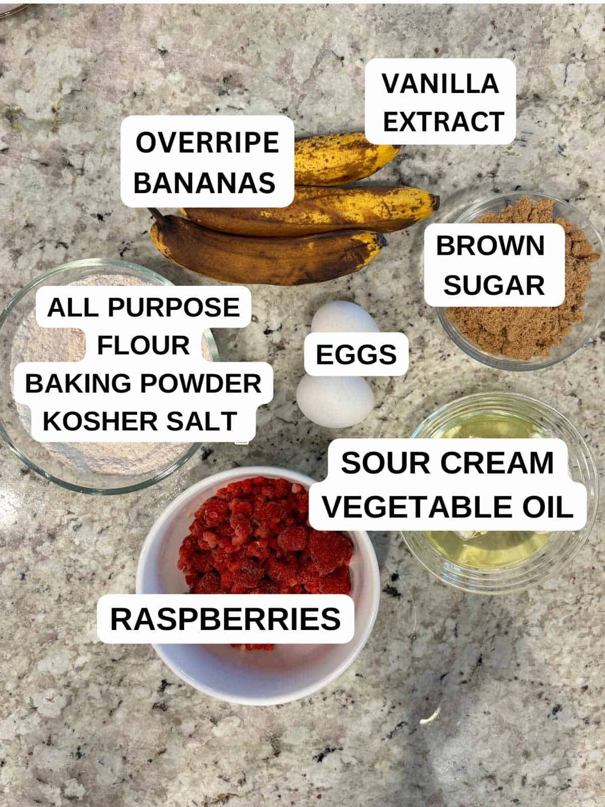 Ingredients for banana raspberry muffins on the counter ready to be used.