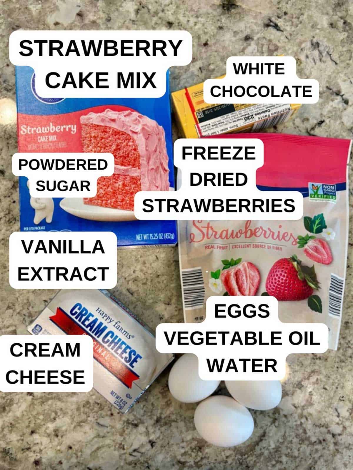 Ingredients for the cake pop recipe on the counter ready to be used.