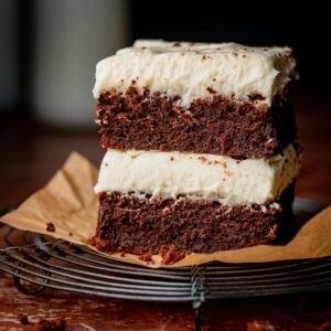 Brownies with cream cheese frosting on a rack showing the texture.