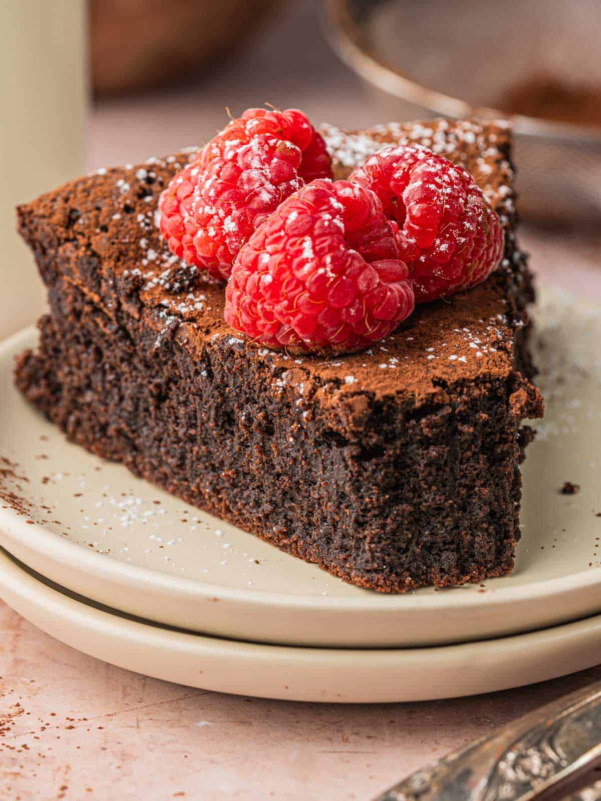 A slice of the torte with cocoa powder and raspberries on top.