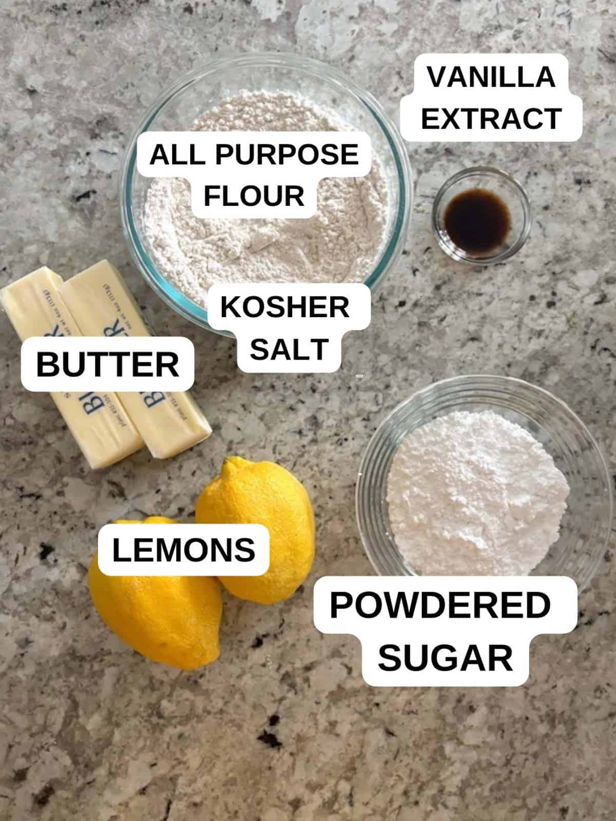 Ingredients for the shortbread cookie recipe on the counter ready to be used.