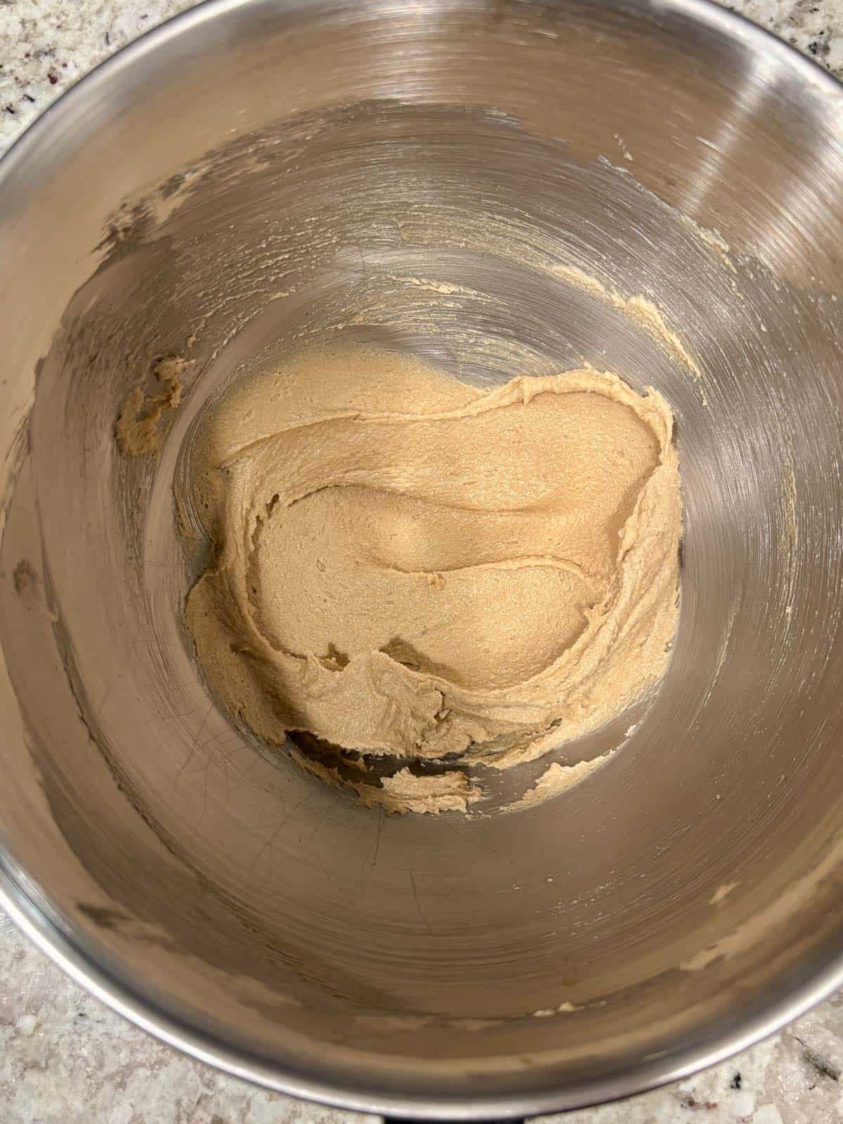 Butter, brown sugar, and granulated sugar mixed well.