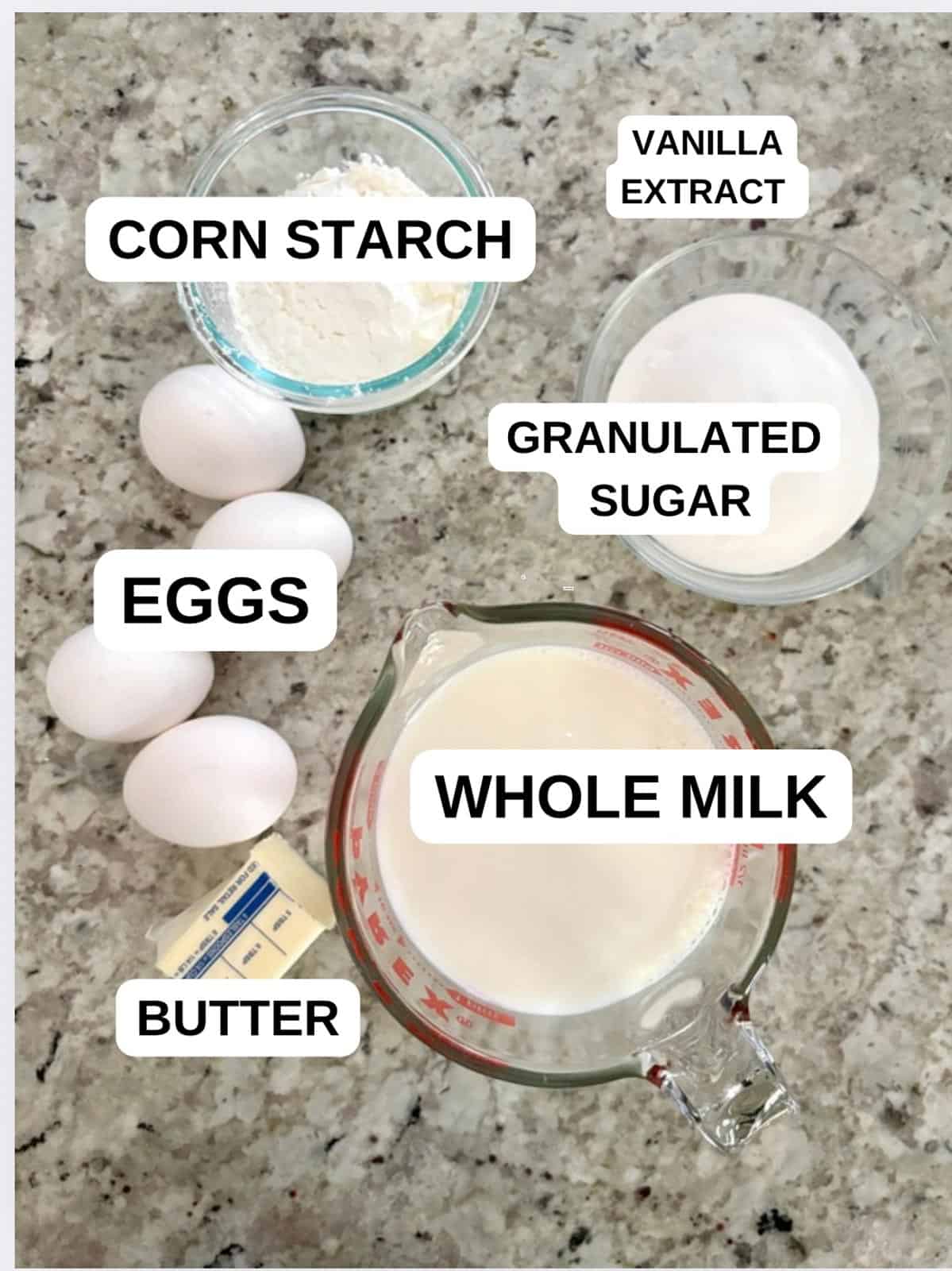 The ingredients out on the counter for the recipe ready to be used.