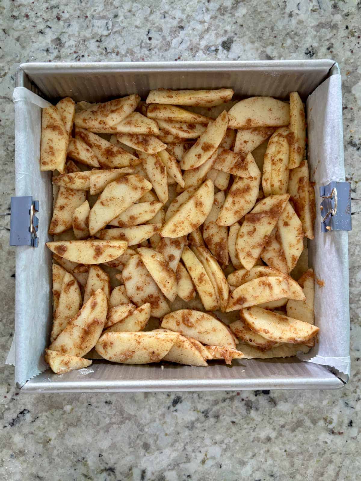 Sliced apples with sugar and spices on top of the bottom crust.