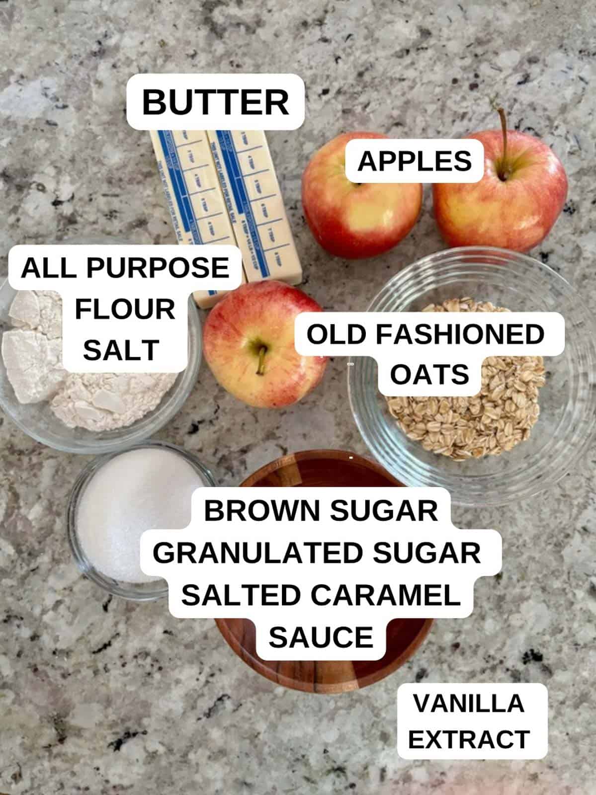 Ingredients on the counter for the caramel apple bar recipe.