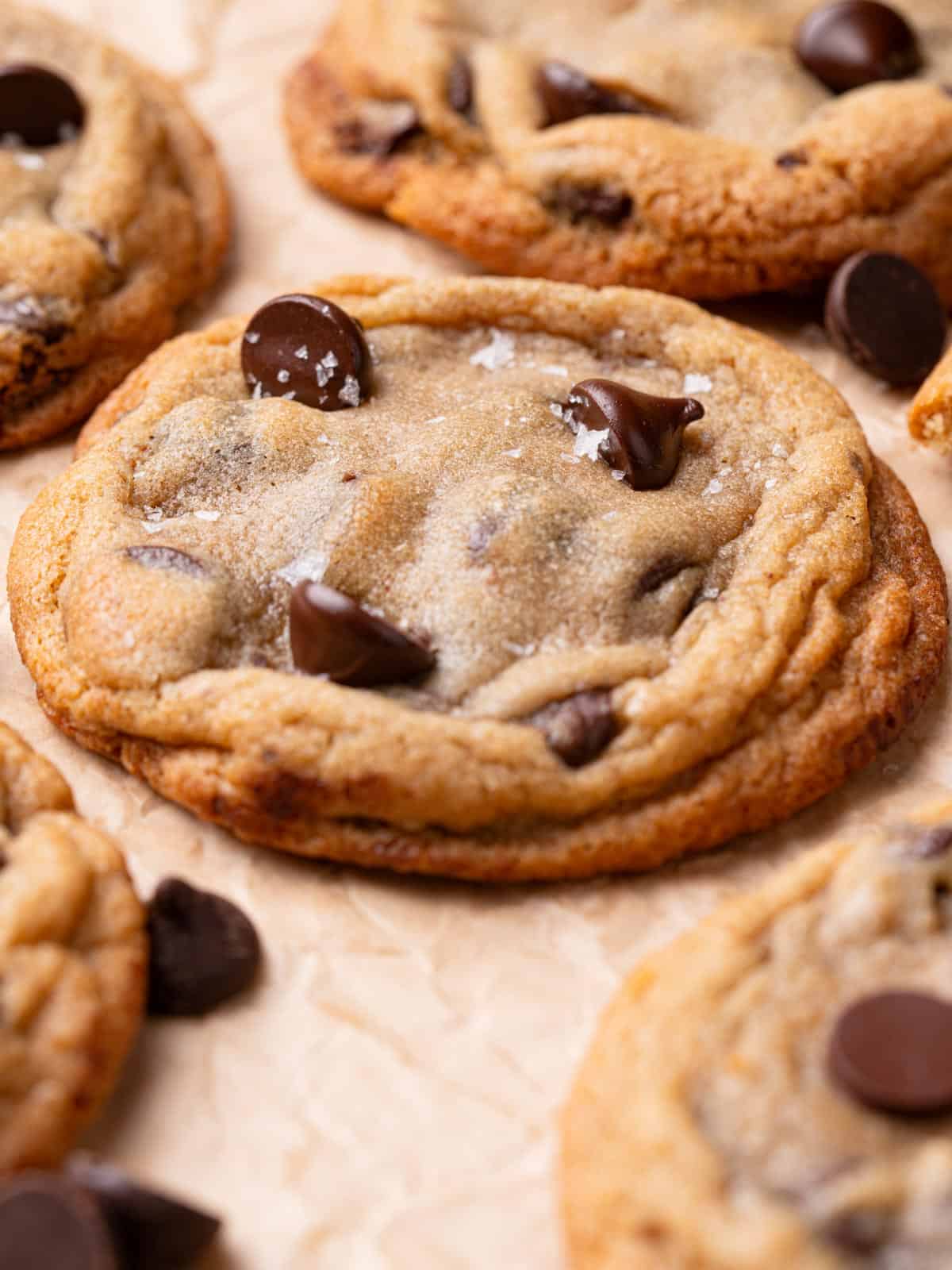 A close up of a cookie with melted chocolate chips on parchment.