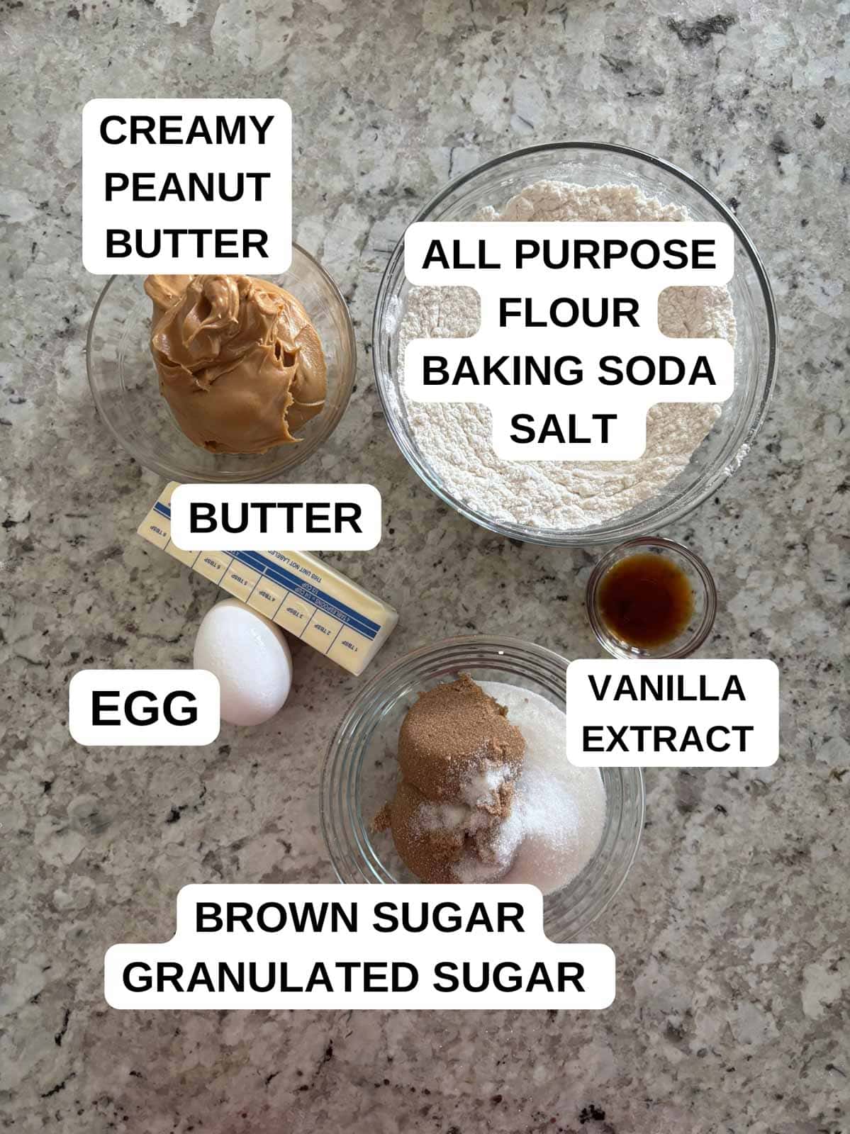 Ingredients needed for the cookie recipe on the counter.