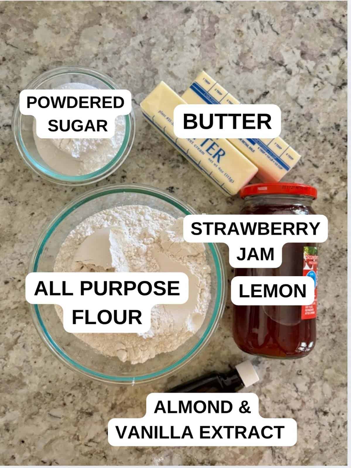 Ingredients for the jam tart recipe on the counter to be used.