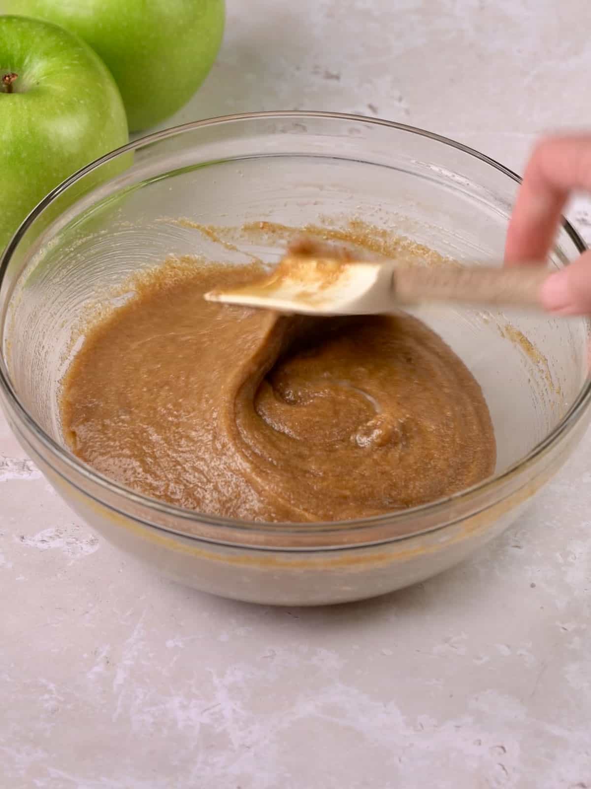 The eggs being mixed into the butter and sugars.