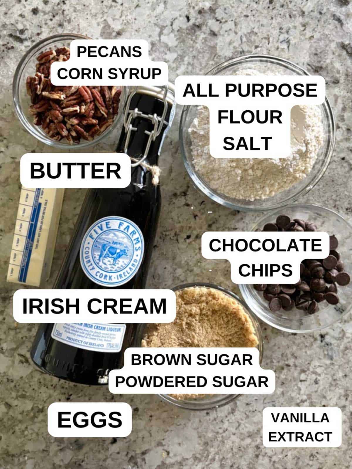 Ingredients needed for the pecan bar recipe on the counter.