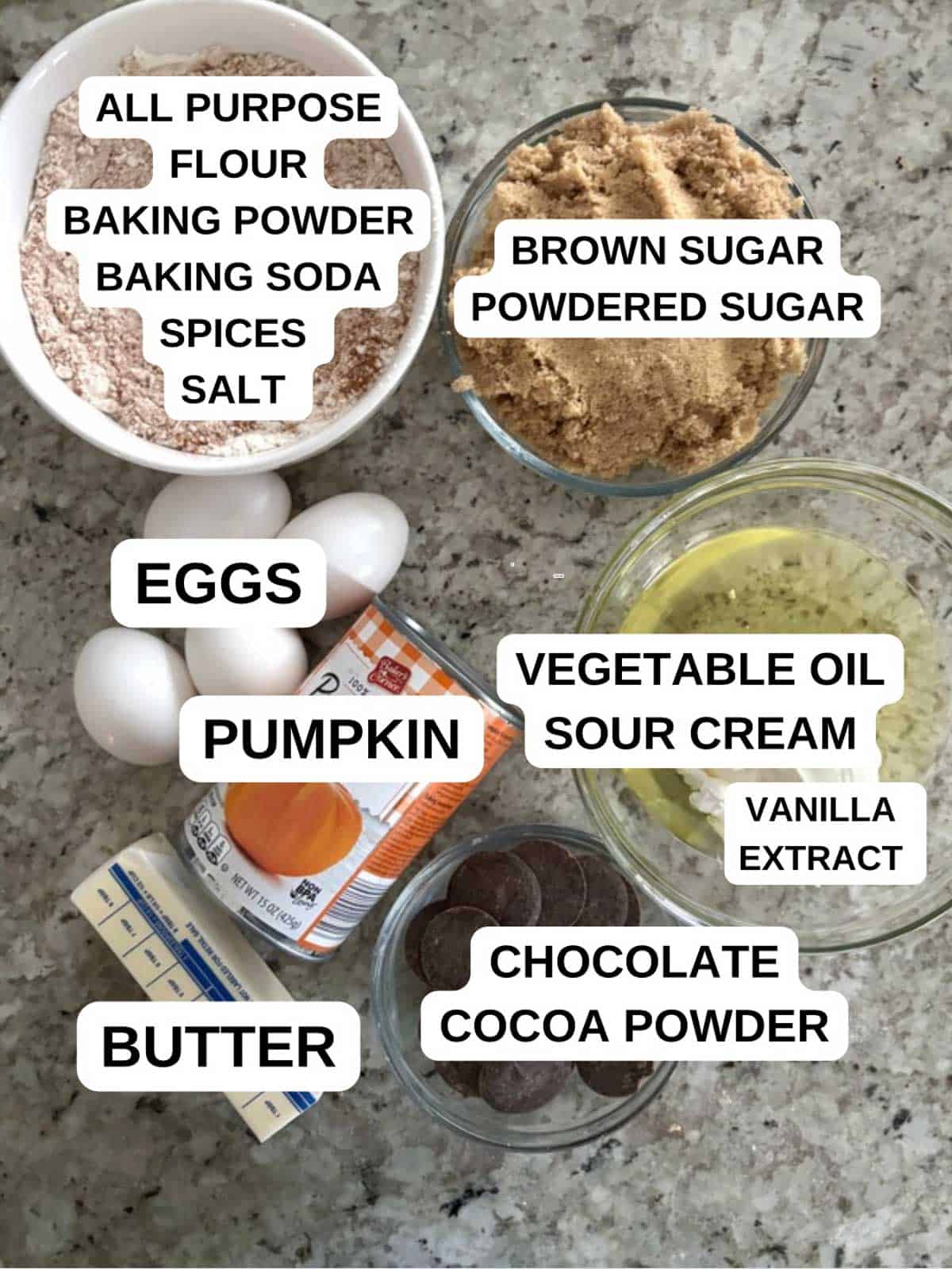 Ingredients needed for the cake recipe and frosting recipe on the counter.