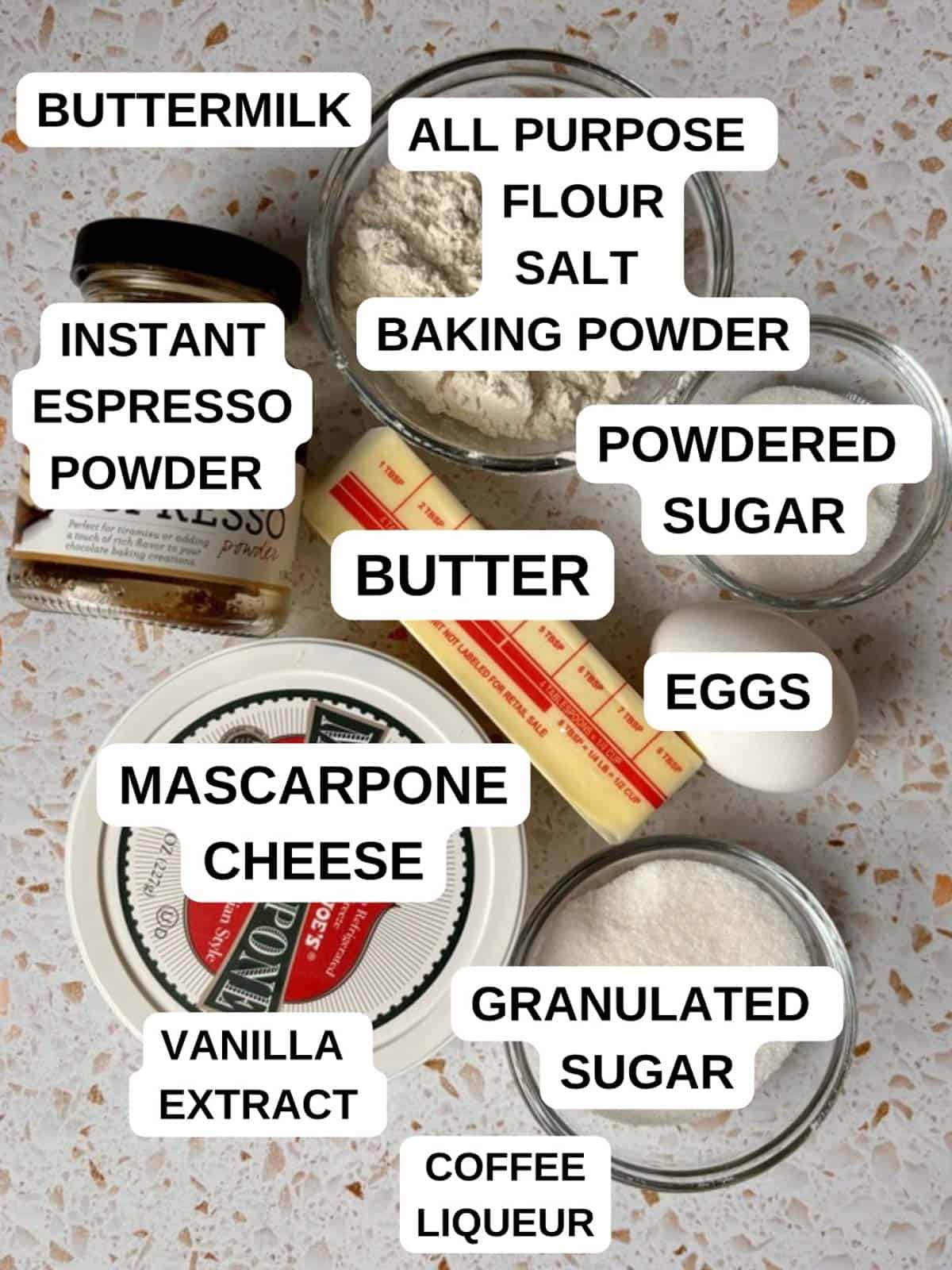 Ingredients for the cupcake recipe and frosting on the counter.