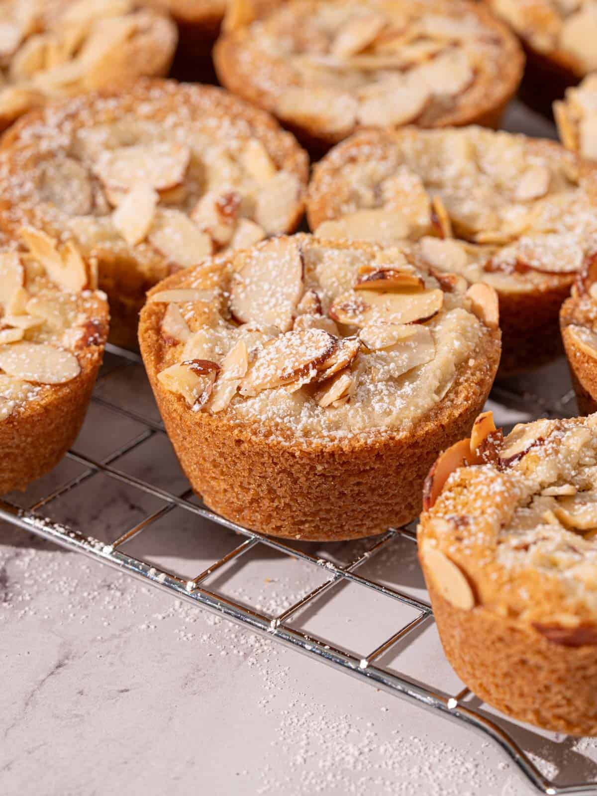 Sliced almonds on top of the cookies on a rack with powdered sugar.