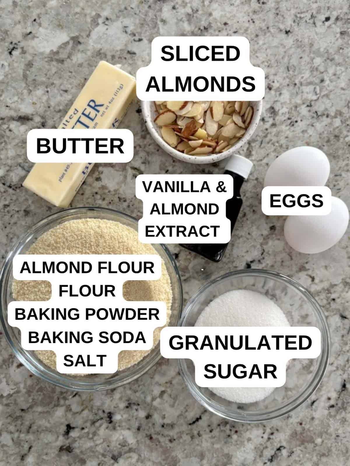 Ingredients for the cookie recipe labeled ready to use.