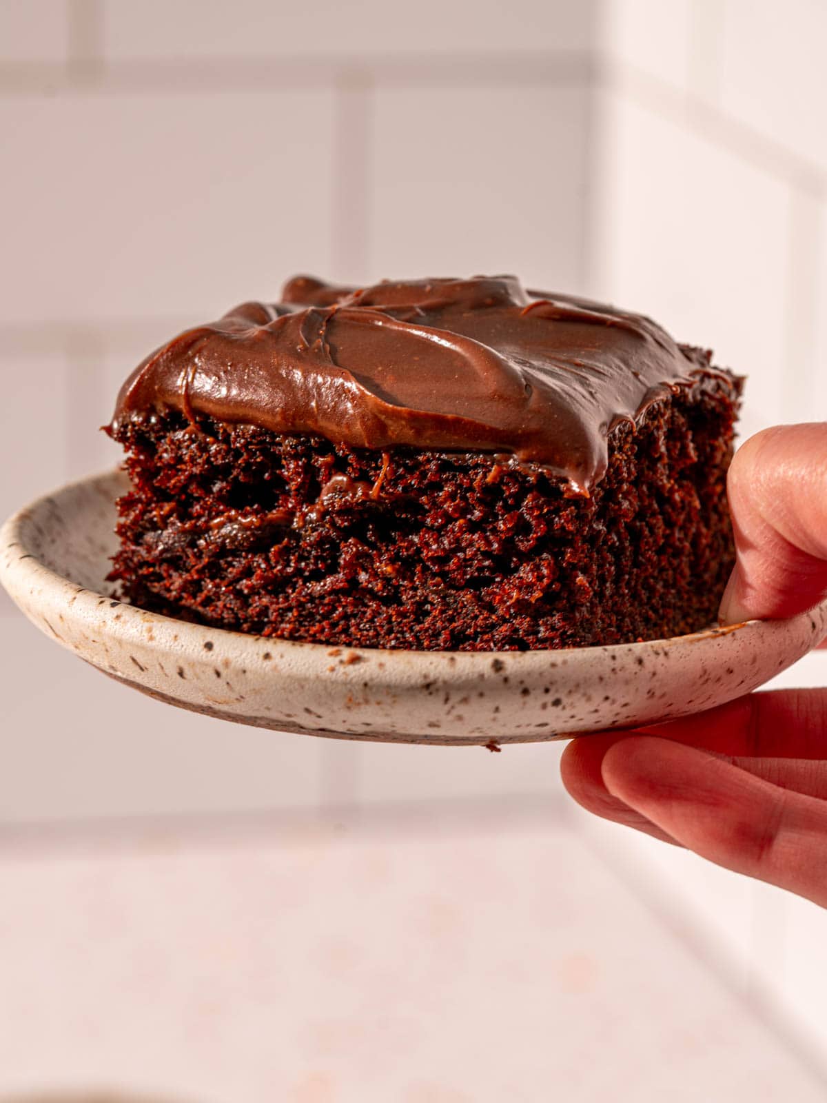 Holding up a slice of cake showing the textures.