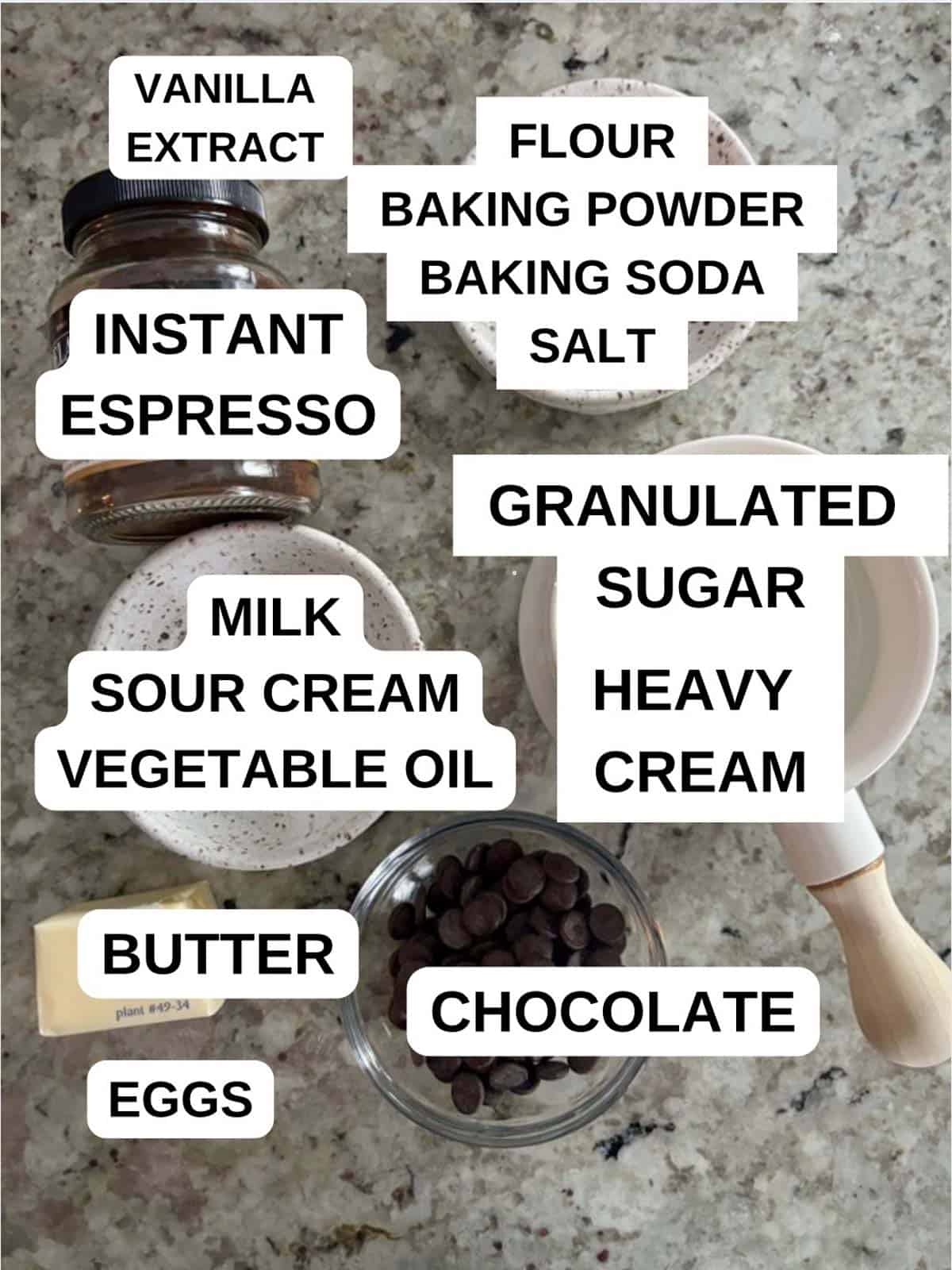 Ingredients listed for the cake recipe on the counter.