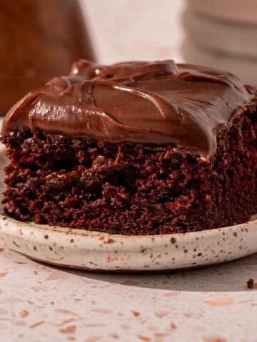 Chocolate espresso cake on a plate with espresso fudge frosting.