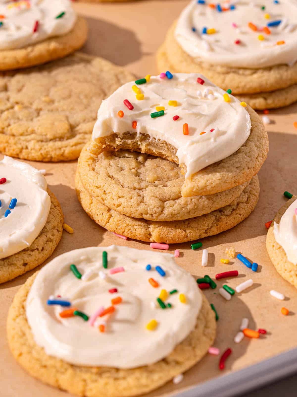 A bite taken out of the cookie to show the chewy and soft texture.