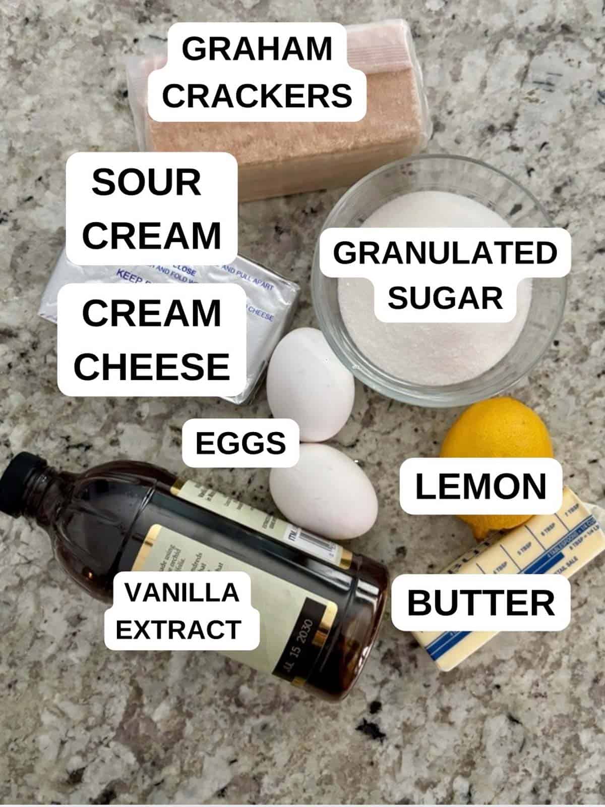 Ingredients listed for the recipe labeled on the counter.
