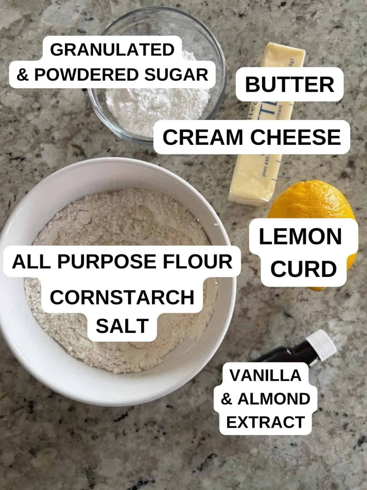 Ingredients labeled for the lemon curd cookie recipe on the counter