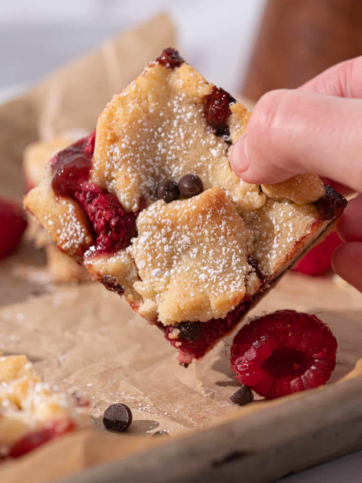 Showing the shortbread topping of the bars with powdered sugar.