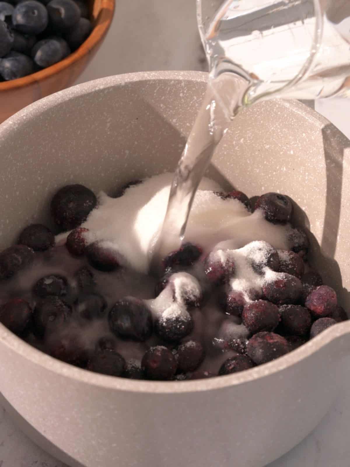 Blueberries, water, sugar, and cinnamon in a pot.