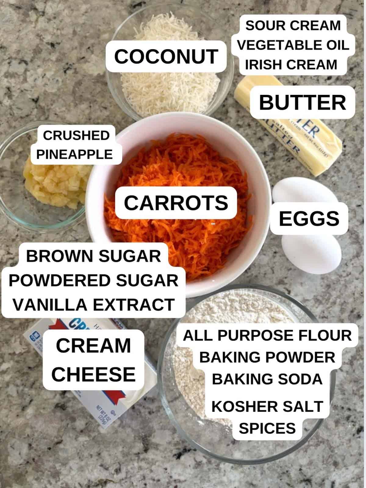 Ingredients out on the counter labeled for the carrot cake coconut recipe.