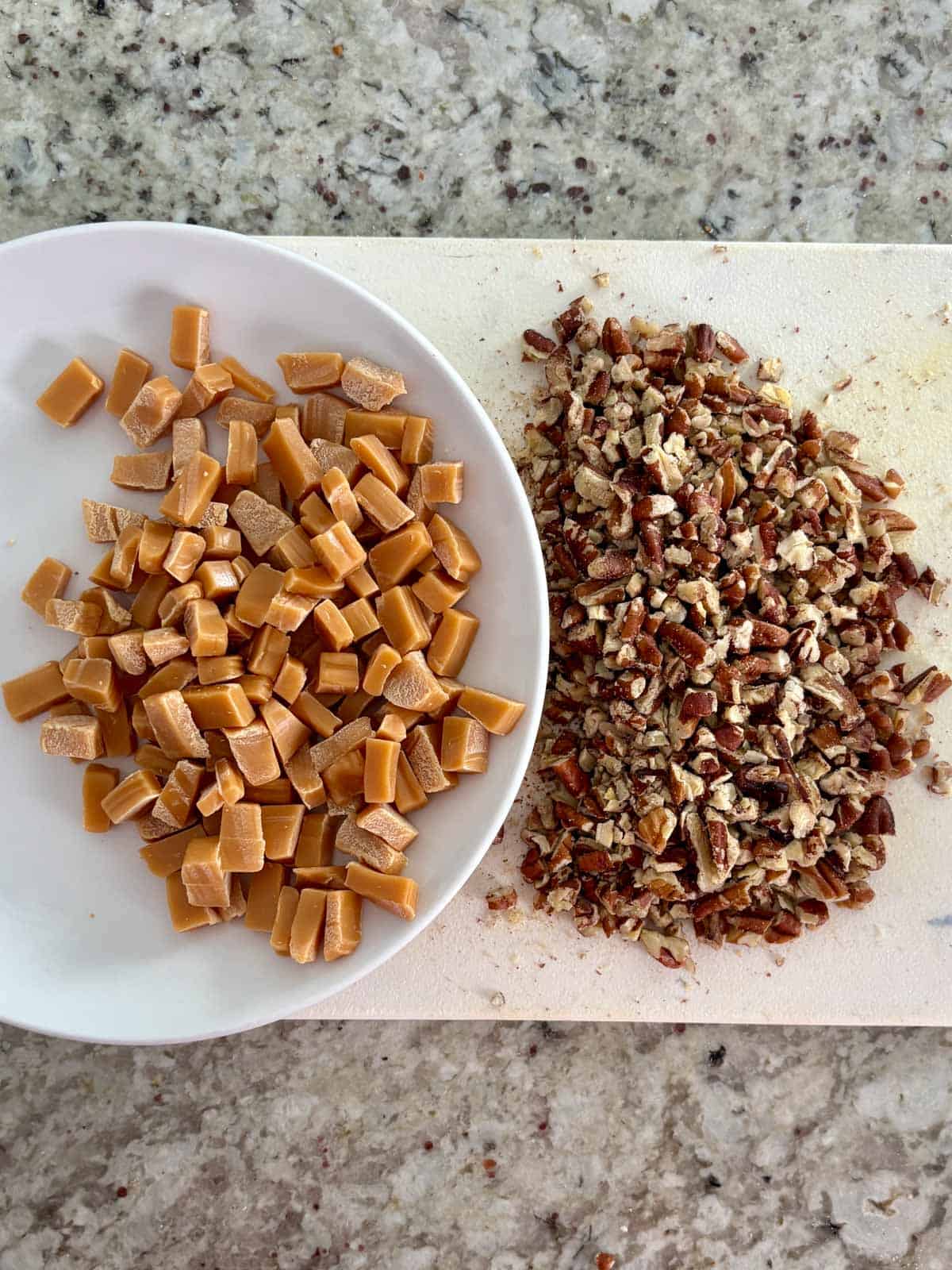 Soft caramels cut into small pieces and roughly chopped toasted pecans.