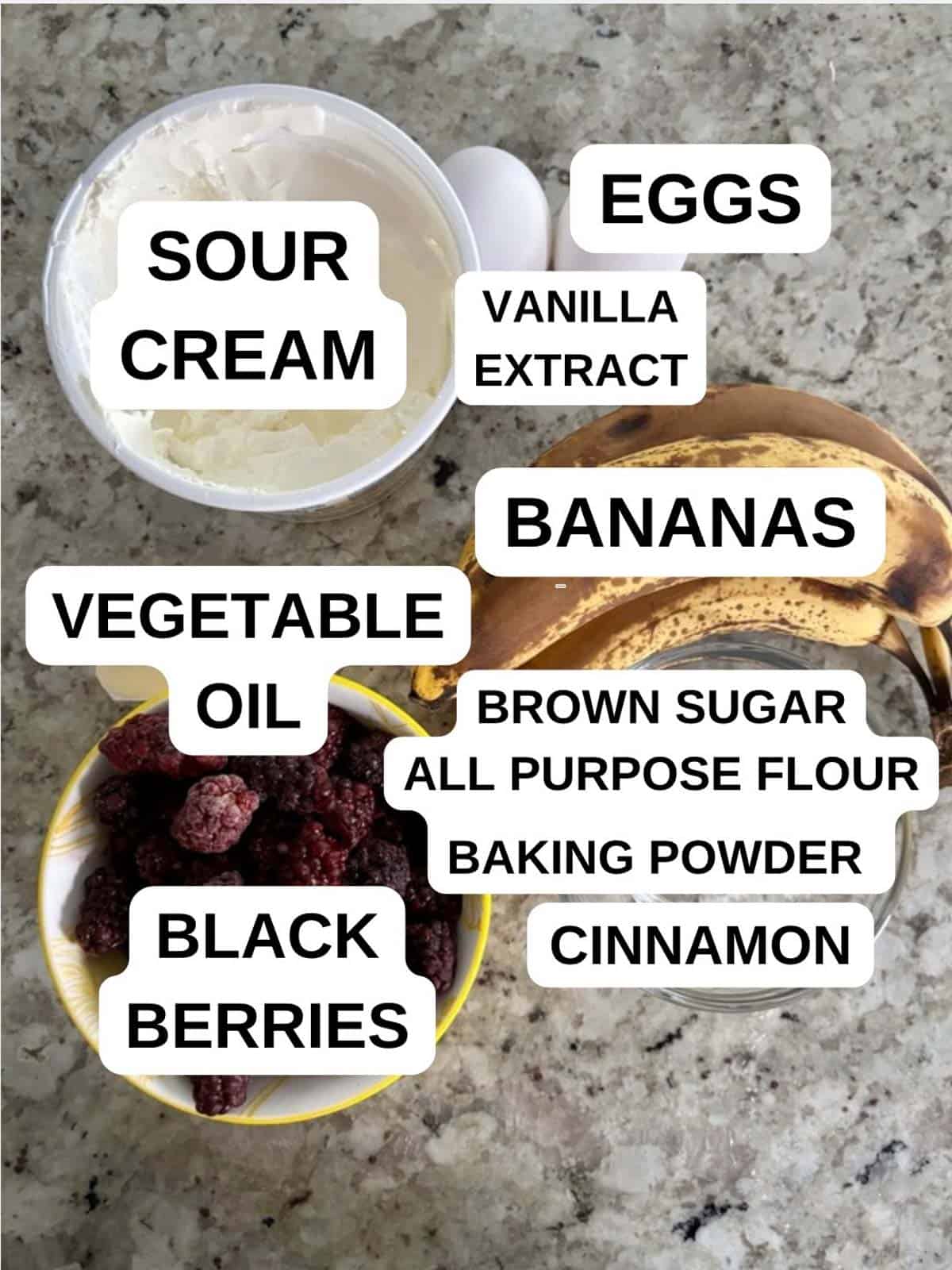 Ingredients for the muffin recipe labeled on the counter.
