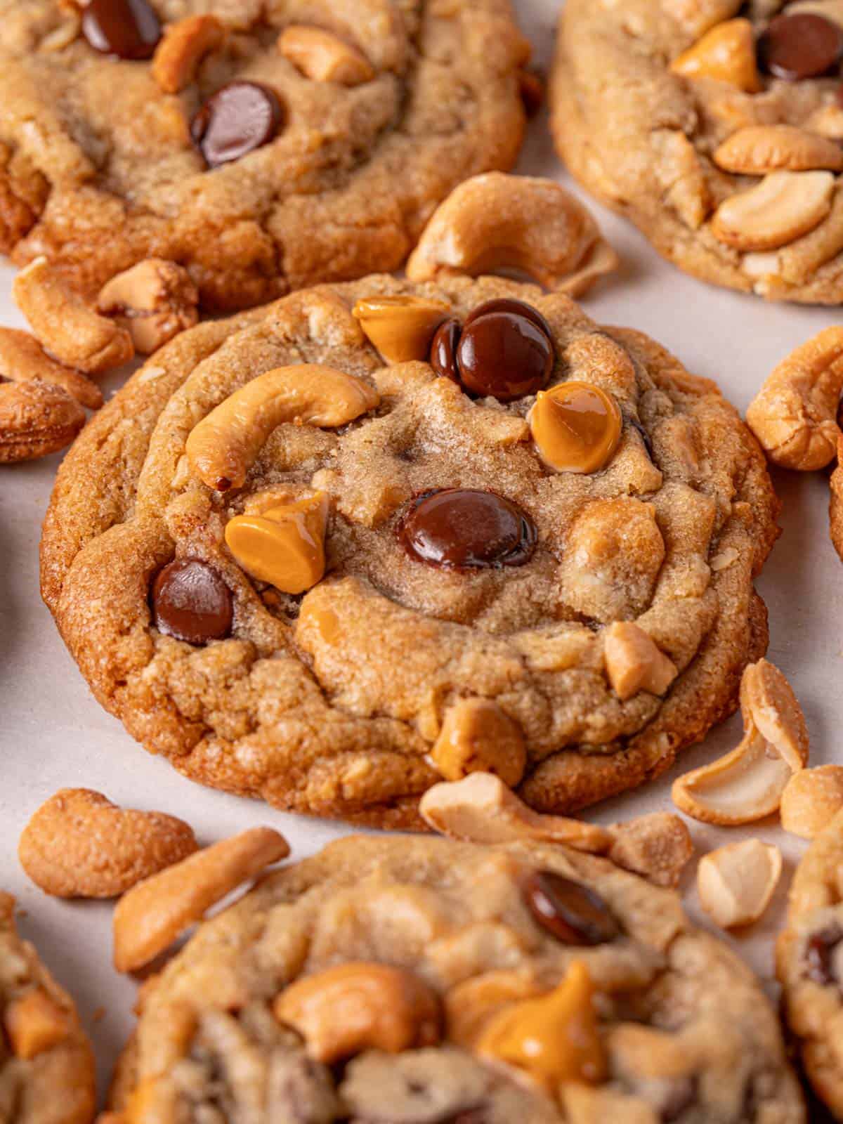 The best butterscotch and chocolate cookies on parchment paper.