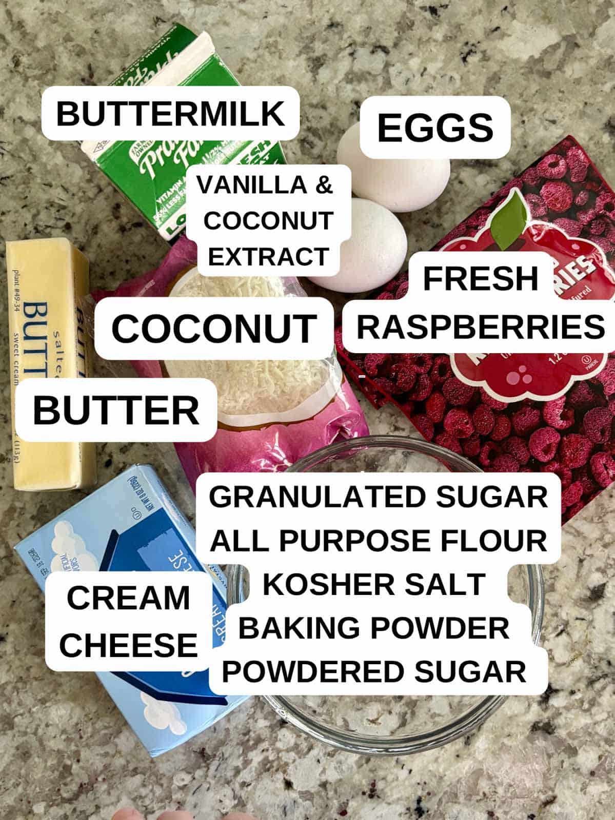 Ingredients labeled for the cake recipe on the counter.