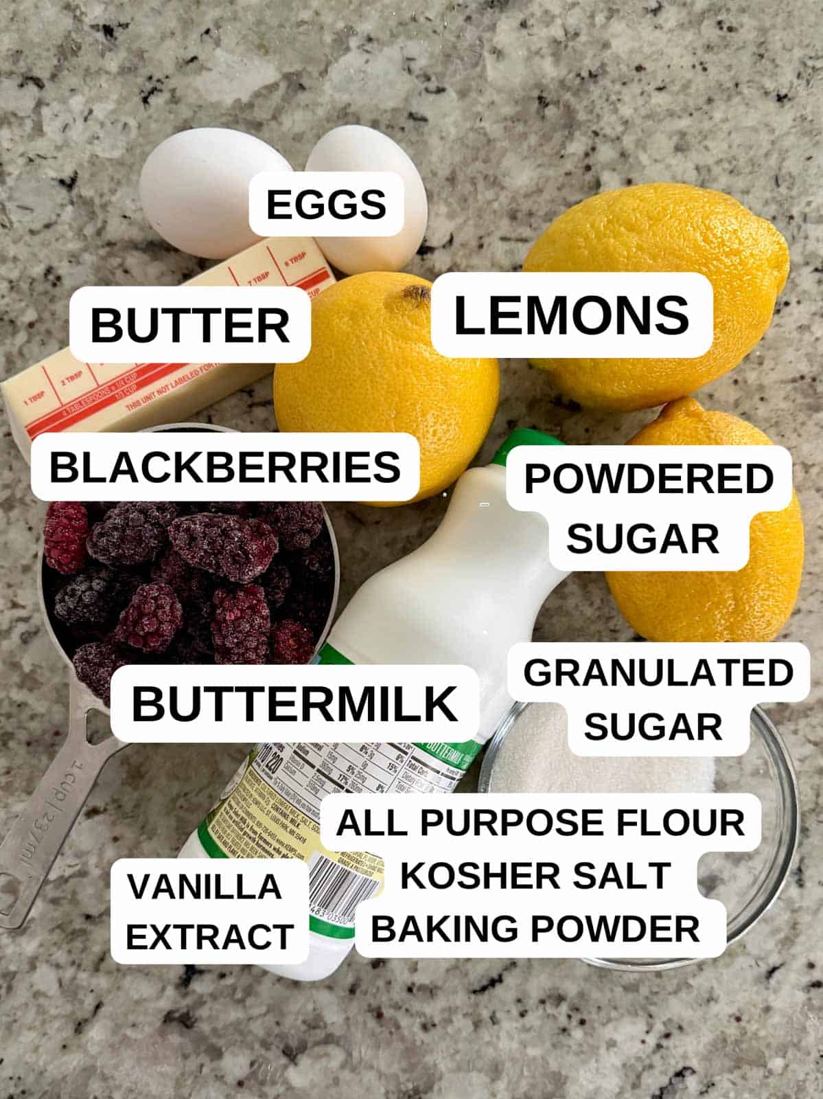 Ingredients labeled for the blackberry cake recipe on the counter.