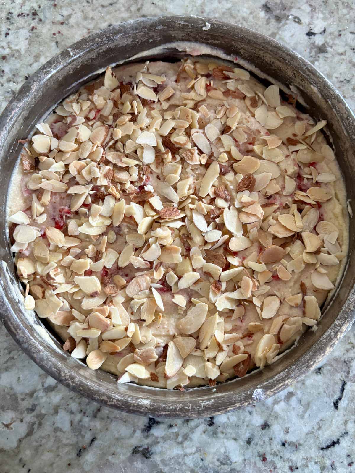 Flaked sliced almonds spread out evenly on top of the almond cake batter.
