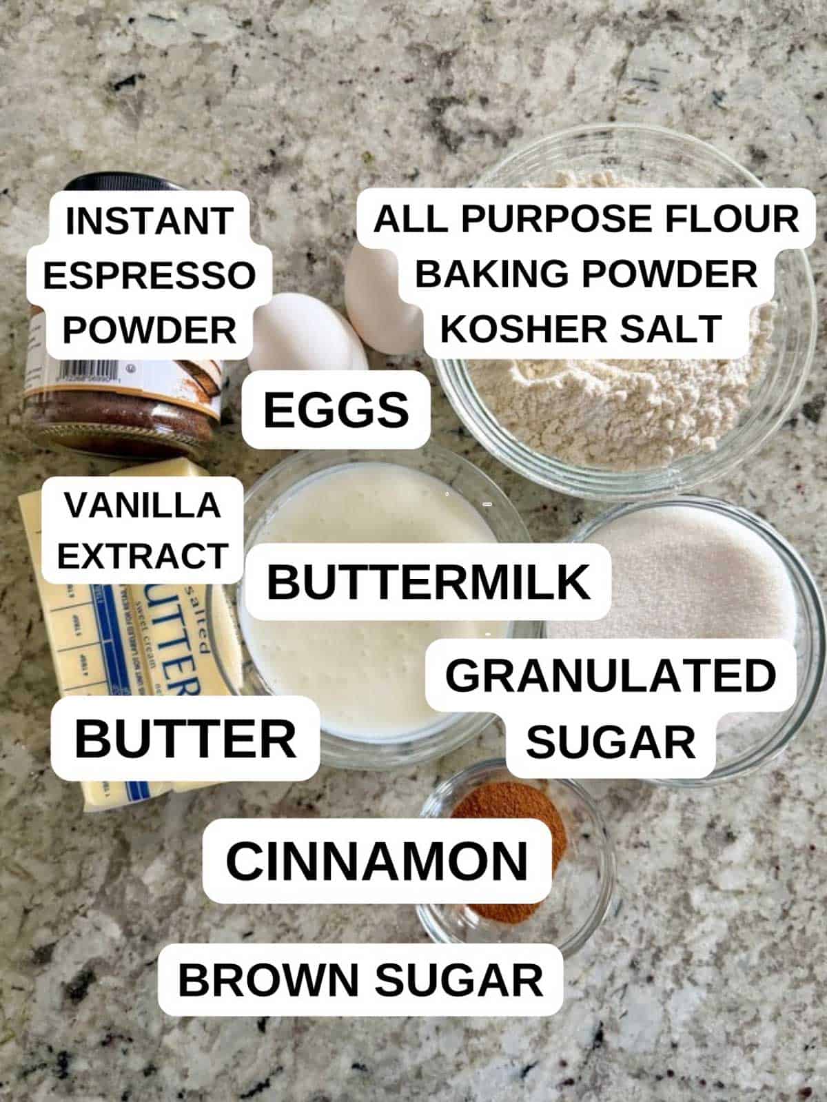 Ingredients for the recipe spread out and labeled to show what each ingredient is.