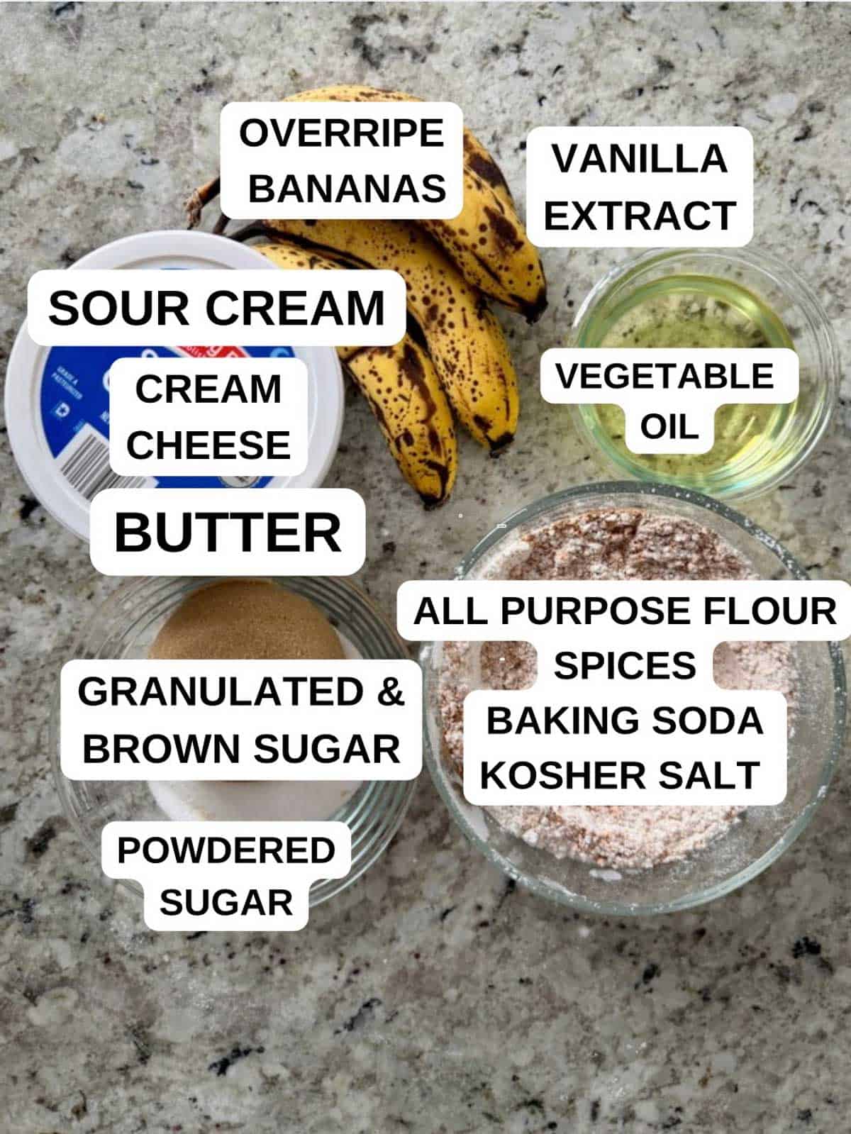 Labeled ingredients for the banana spice cake recipe on the counter.