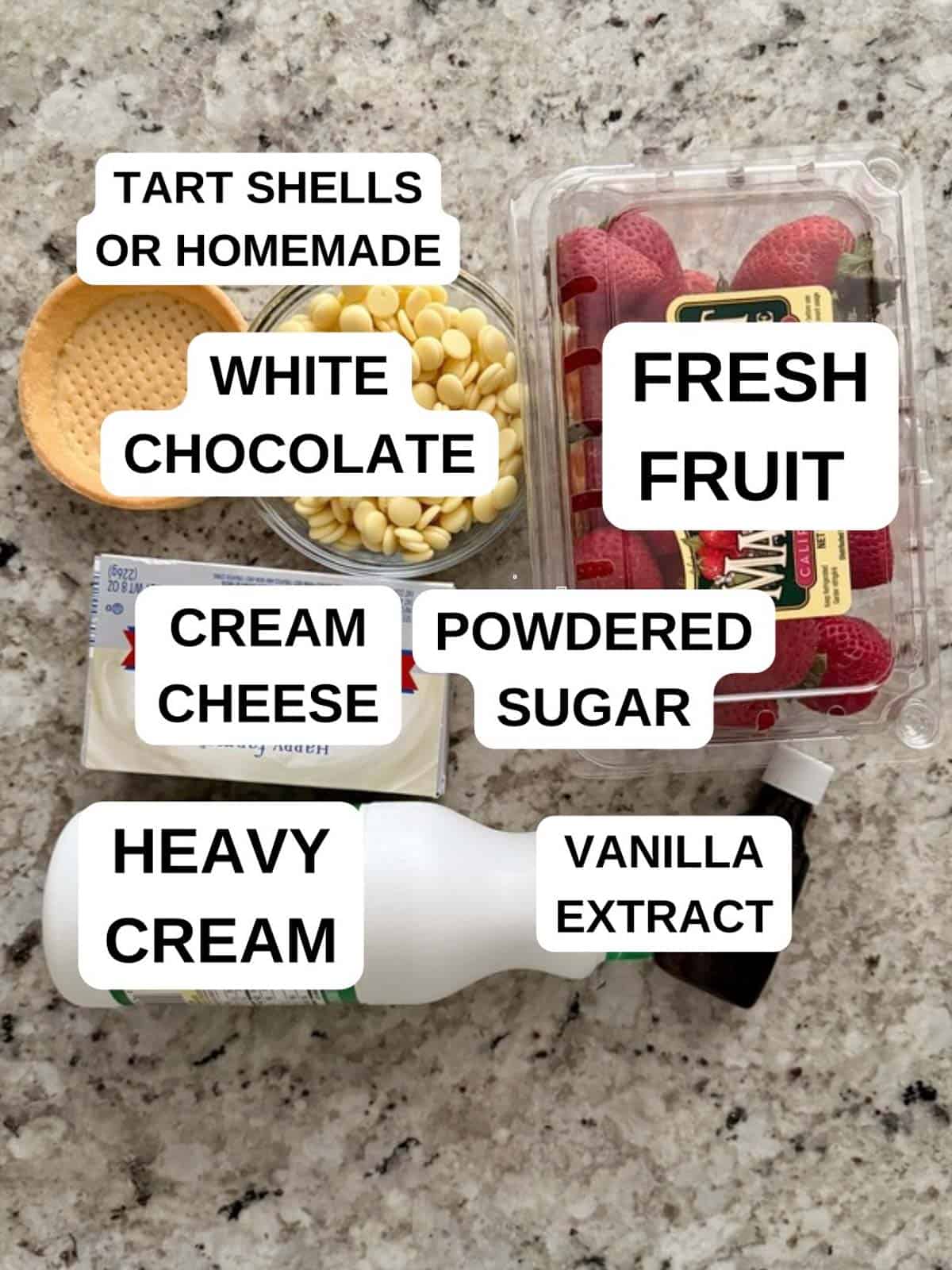 ingredients labeled for the tartlet recipe on the counter.