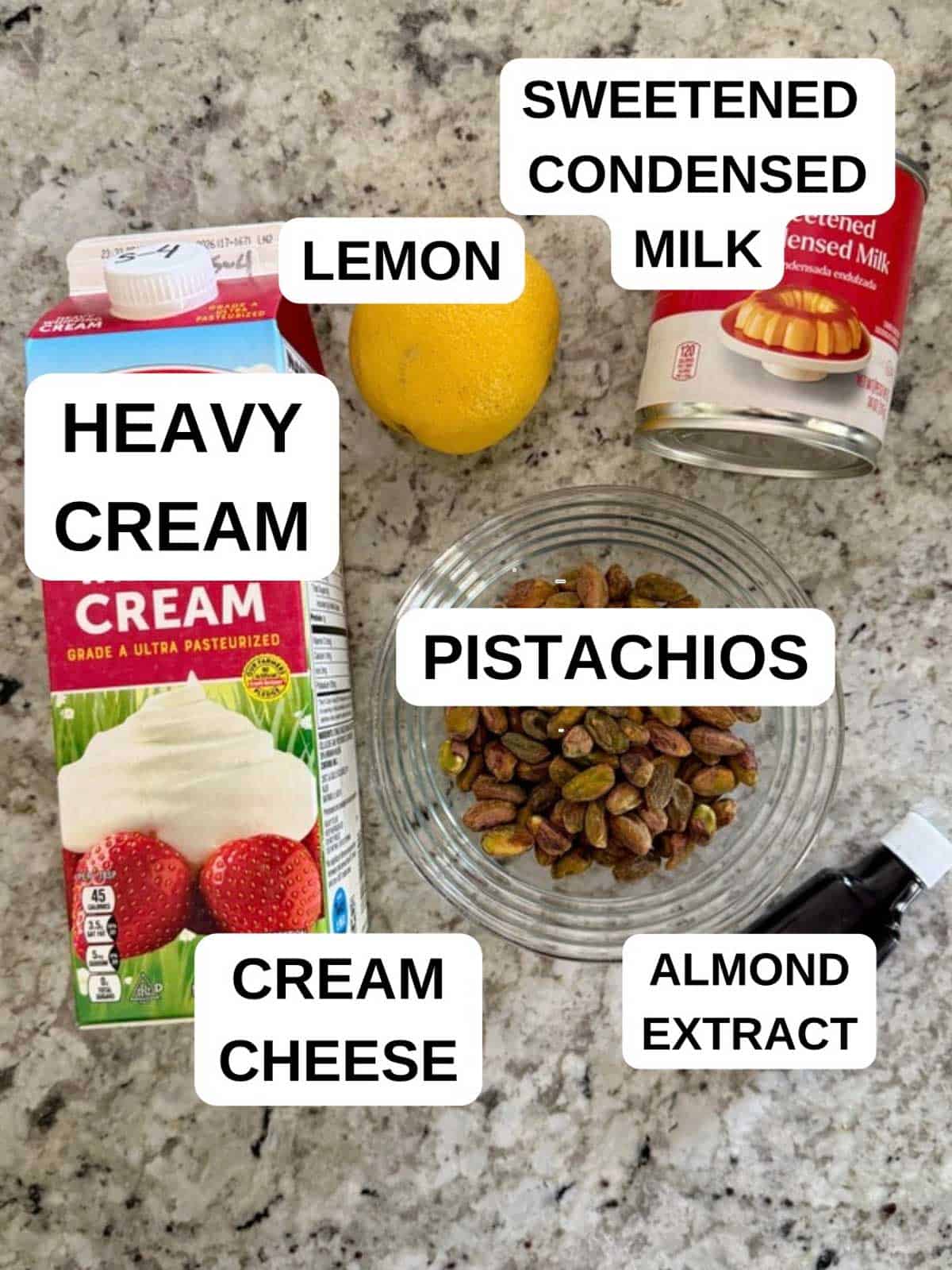Labeled ingredients for the no churn ice cream recipe on the counter.