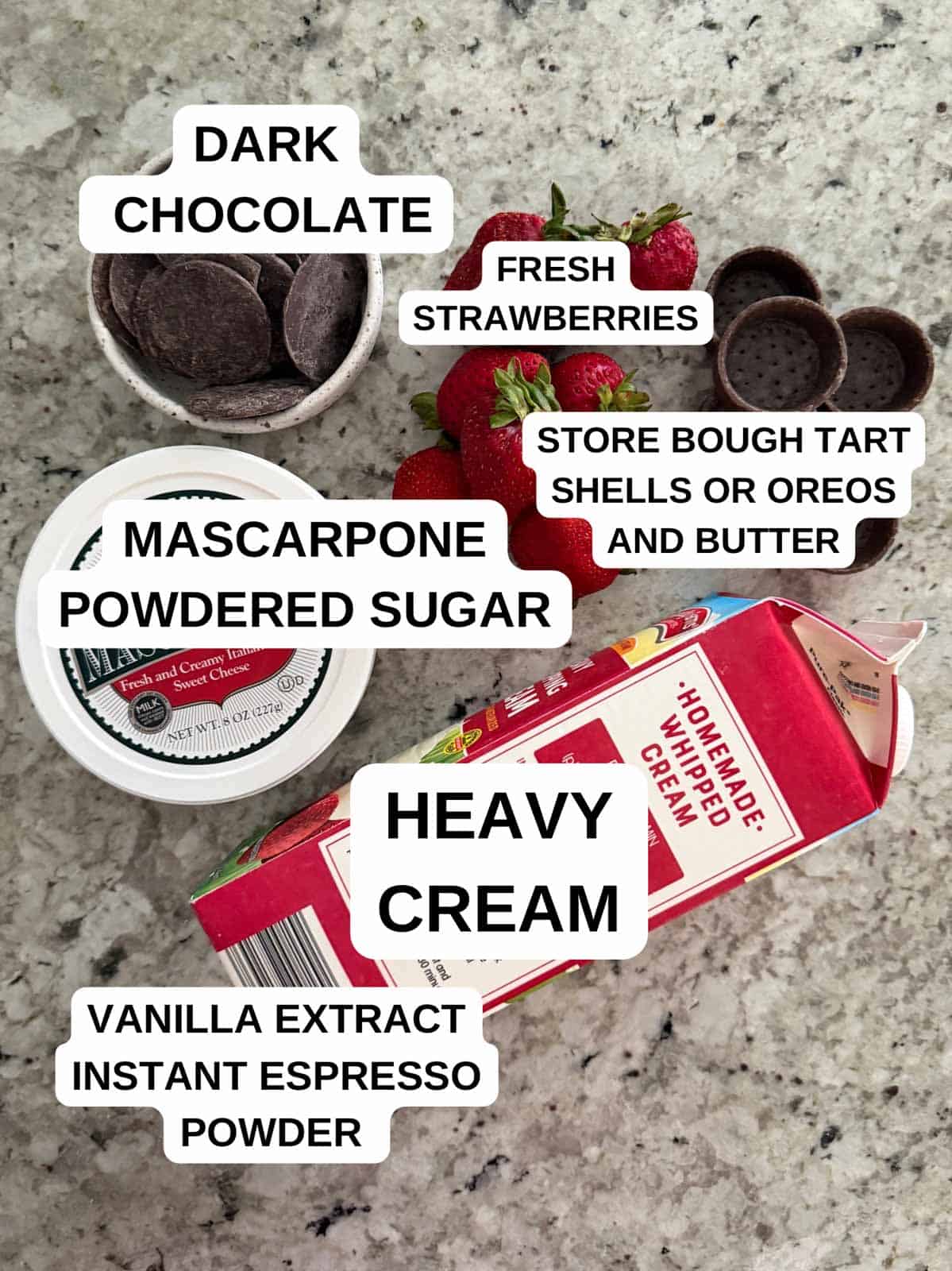 Ingredients labeled for the tart recipe on the counter.