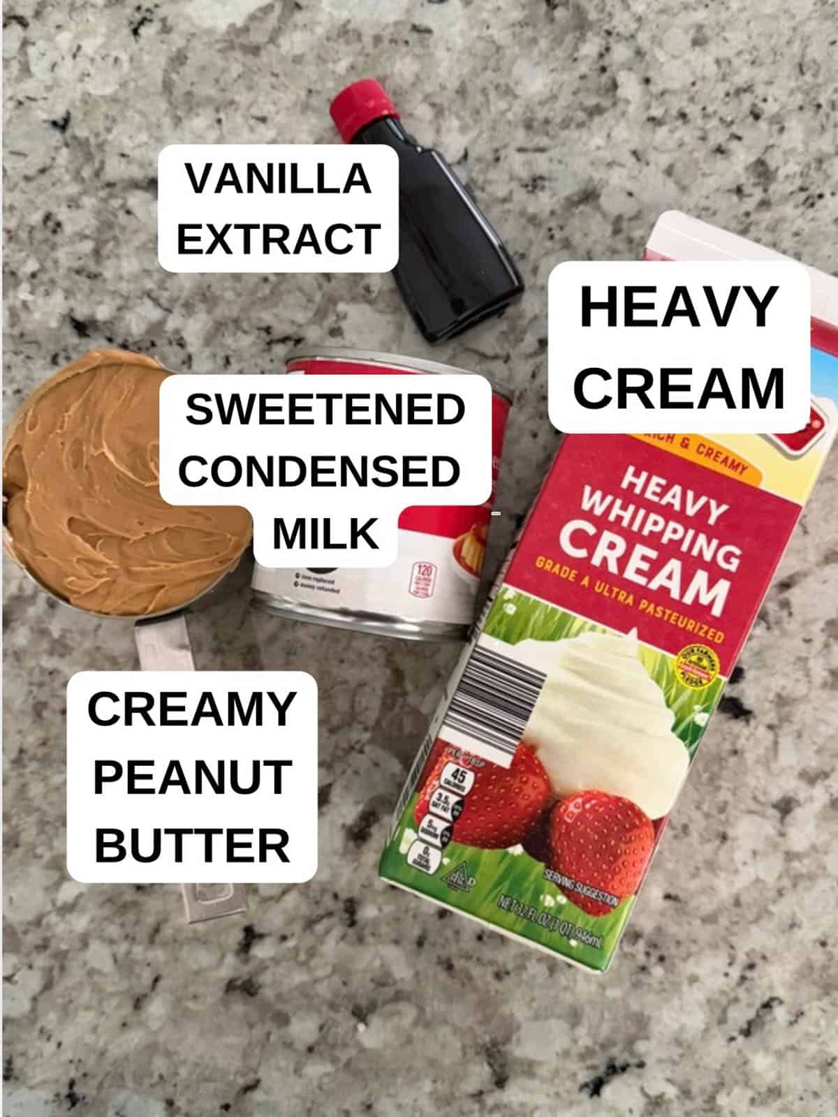 Ingredients labeled for the homemade peanut butter ice cream recipe on the counter.