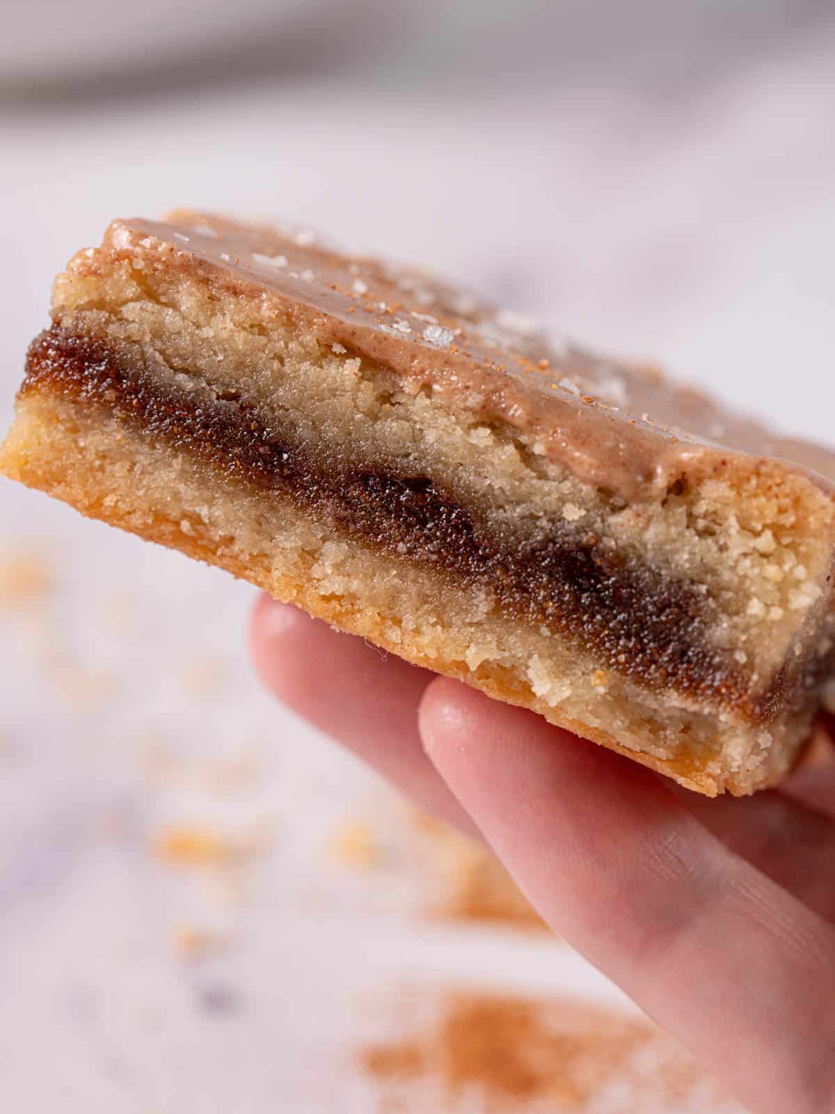 Closeup of a brown sugar pop tart bar showing the texture.