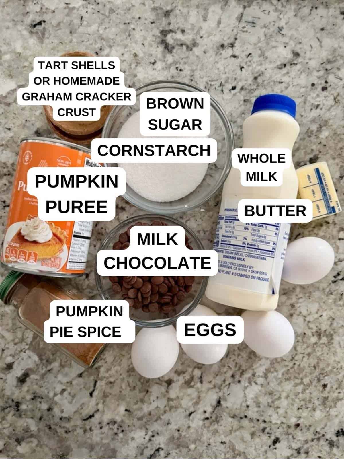 Ingredients labeled for the tart recipe on the counter.